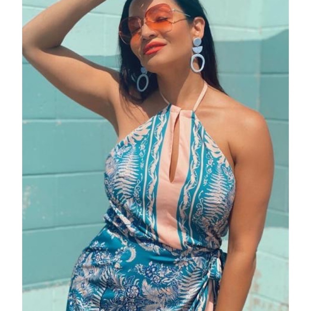 Eva Franco Anthropologie Botanical Skirt and Halter Top Matching Set Teal Pink